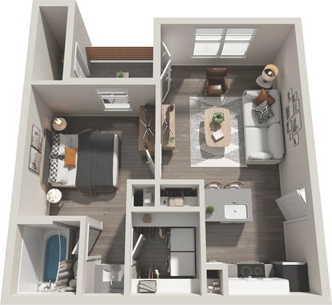 Floor plan for 1 bed, 1 bath, 516 sqft